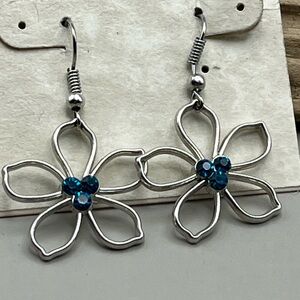 Silver Flower Earrings with Blue Accents